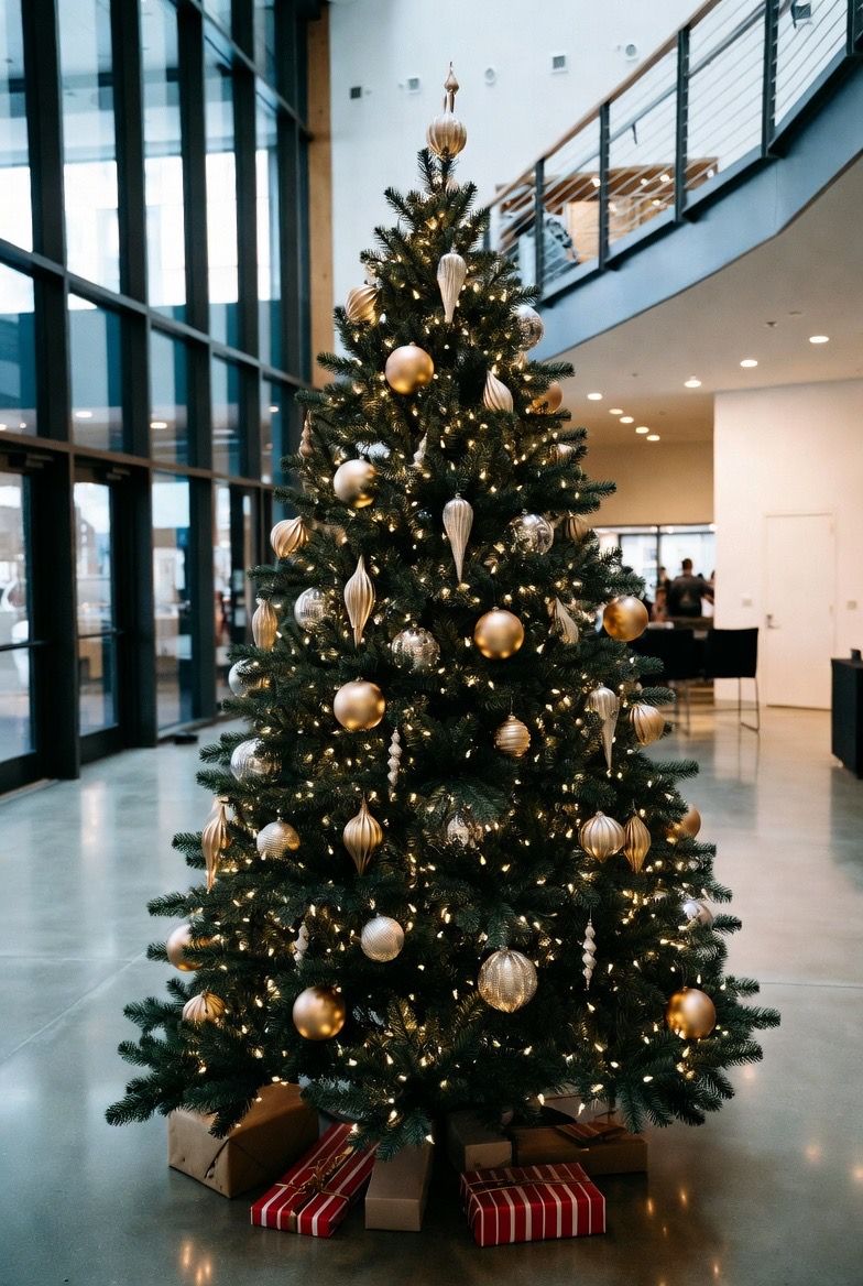 Concept: an office atrium tree with wrapped gifts beneath
