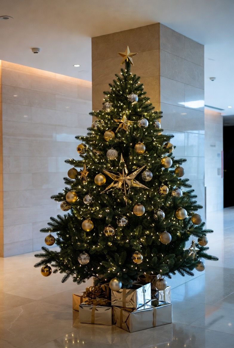 Concept: a building lobby tree with gold ornaments