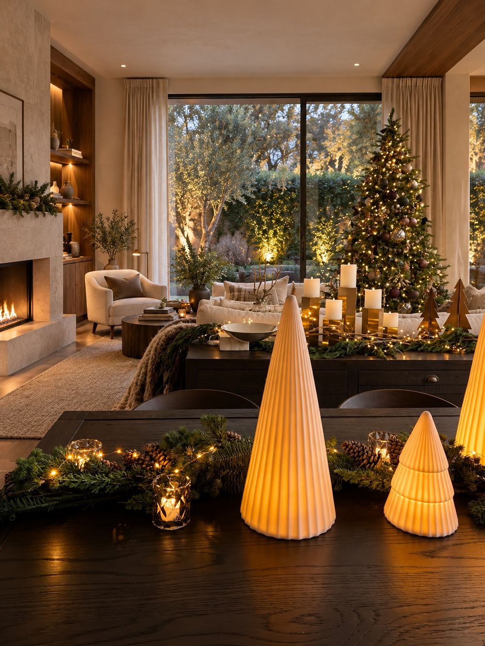 Design preview: the same living room dressed with a tree, garland, candles and glowing cone lamps