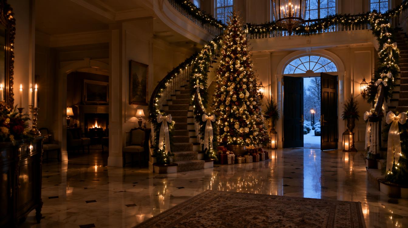 A grand foyer dressed for Christmas with a tall tree, garland and warm light