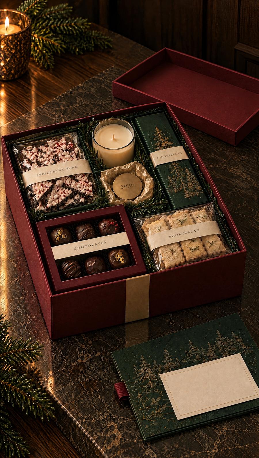 Concept render of an open gift box with candle, chocolates and keepsakes