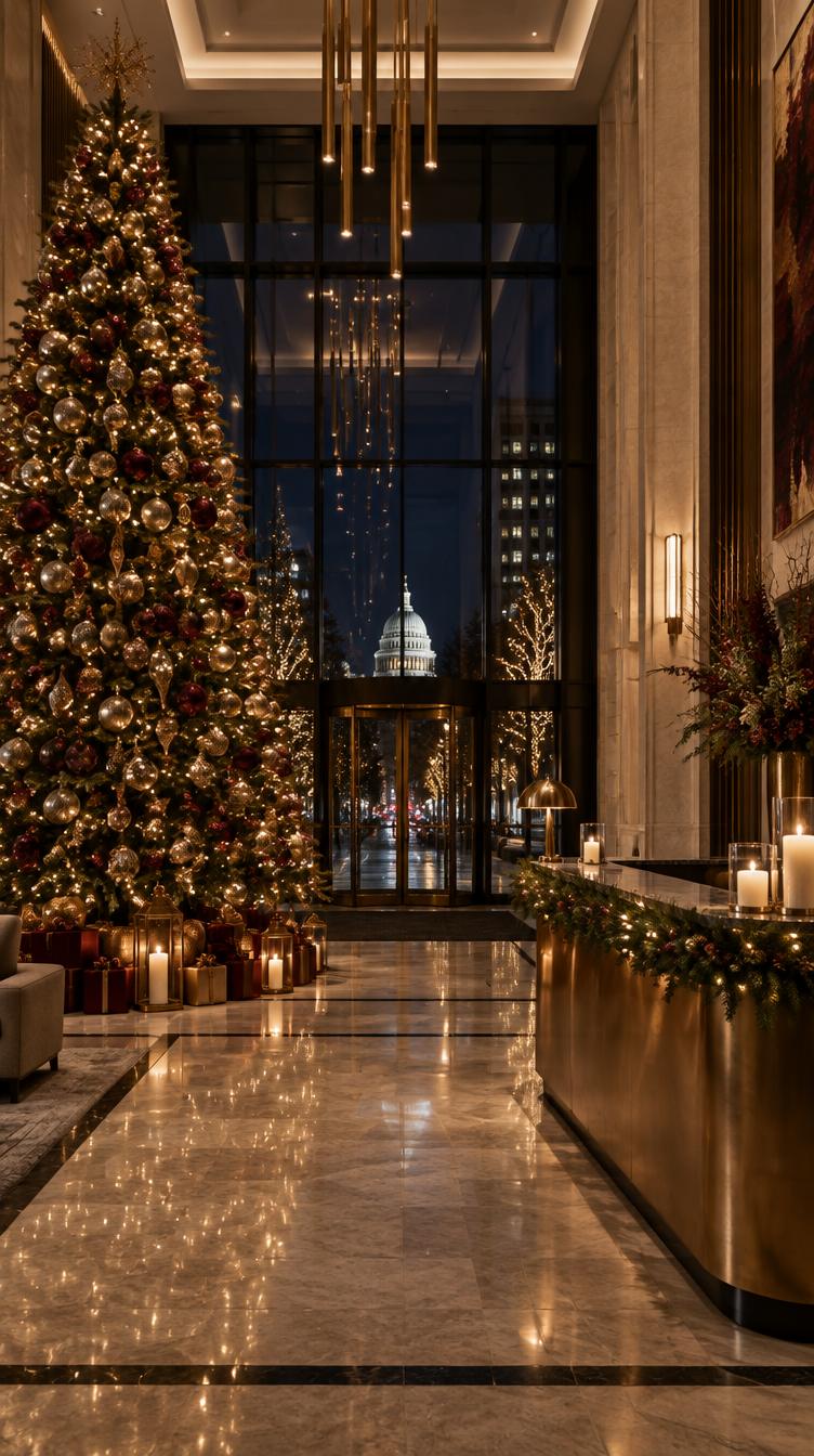 A building lobby dressed with a tall tree and garland