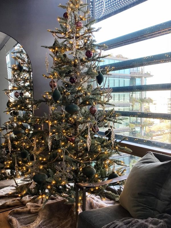 A dressed tree beside floor-to-ceiling windows in a modern apartment
