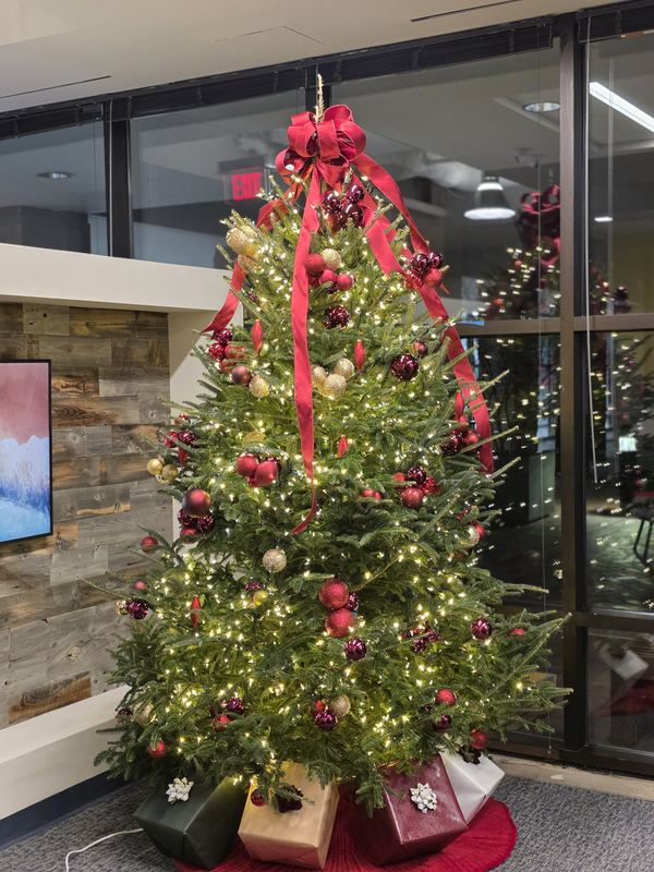 Office Christmas tree with red ribbon and wrapped boxes beneath